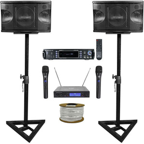 2 Rockville KPS80 Karaoke Speakers+Bluetooth Amp+Adjustable Stands+Wireless Mics + Rockville R14GSBR100 Red/Blk 14 Gauge 100' Ft. Mini Spool Car Audio Speaker Wire