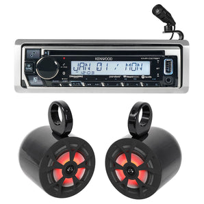 Kenwood KMR-D375BT Marine Bluetooth CD Receiver+(2) 6.5" LED Wakeboard Speakers