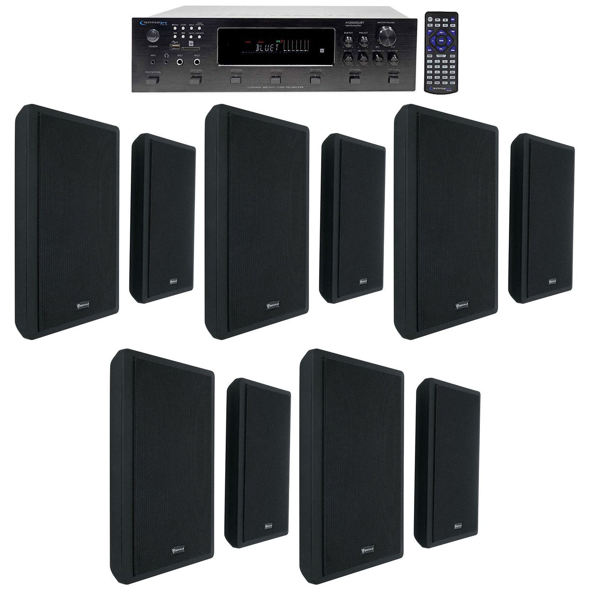 H12X500UBT 6-Zone Receiver & 5x RockSlim Black 5.25" Speaker Bundle
