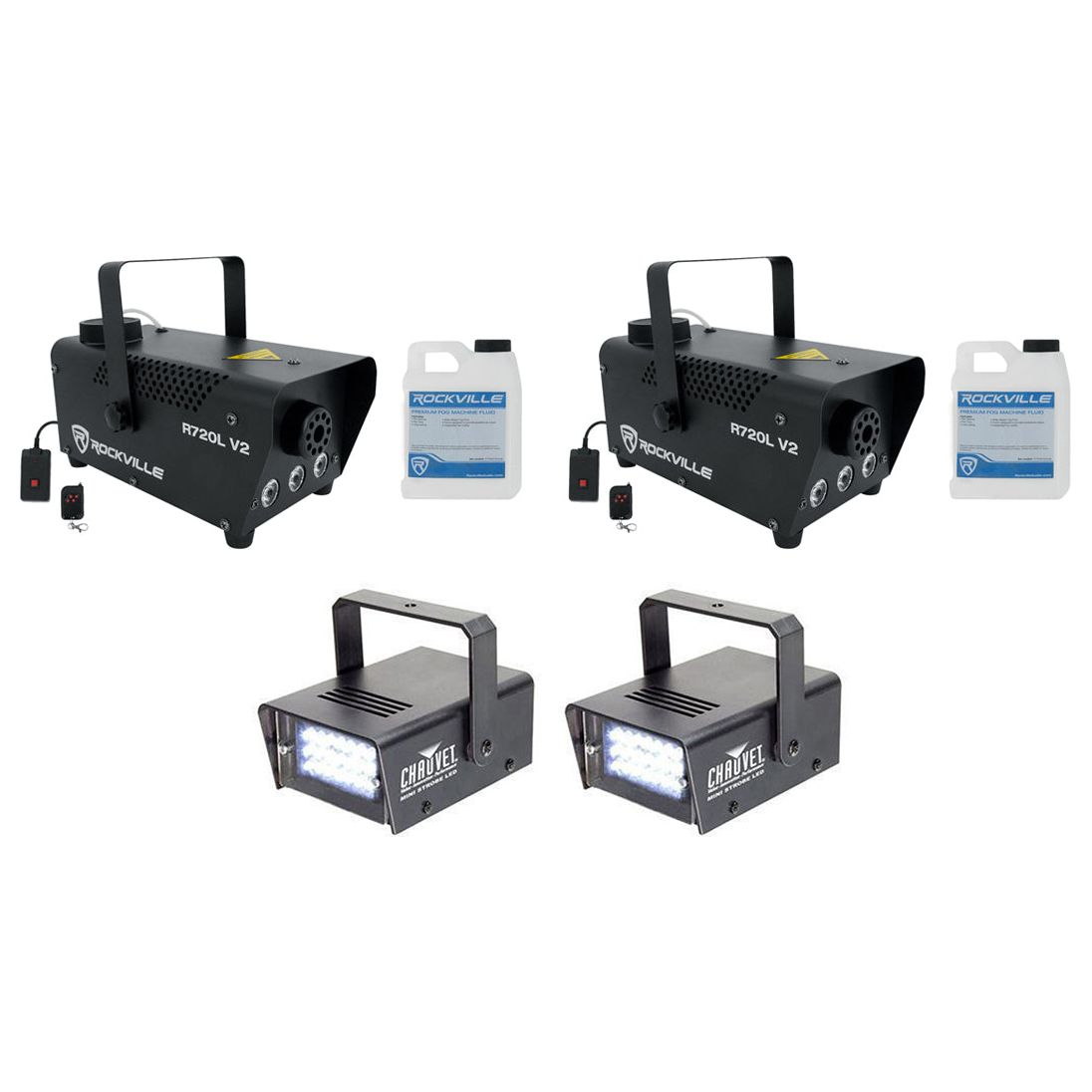(2) R720L Fog Machines + (2) Mini Strobe LED Lights Bundle