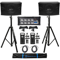 (2) KPS10 10" 3-Way 1200W Karaoke Speakers+Mixer+Tripod Stands+(2) Mics