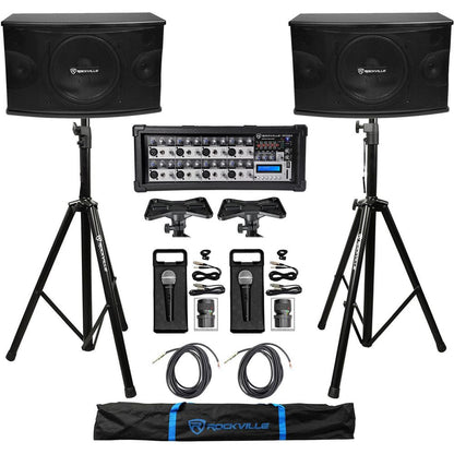 (2) KPS10 10" 3-Way 1200W Karaoke Speakers+Mixer+Tripod Stands+(2) Mics