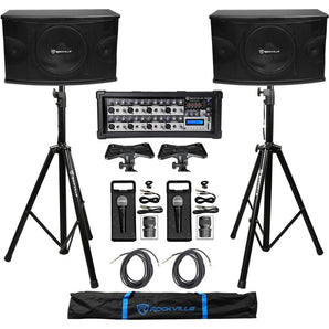 2) Rockville KPS10 10" 3-Way 1200w Karaoke Speakers+Mixer+Tripod Stands+(2) Mics