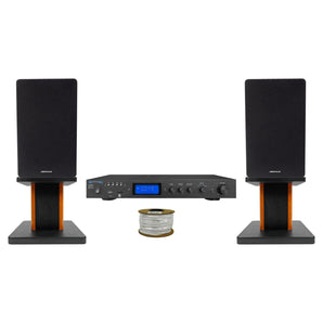 Technical Pro IA25U Receiver+(2) 6.5" Black Bookshelf Speakers+8" Wood Stands