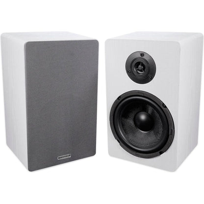 RockShelf 68W White 6.5" Home Bookshelf Speakers + 8" Desktop Stands