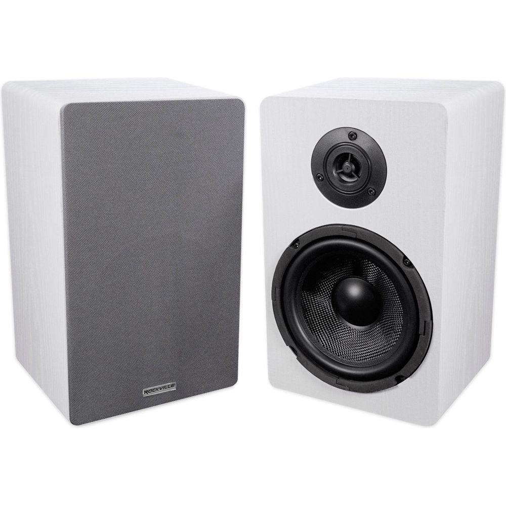 RockShelf 68W White 6.5" Home Bookshelf Speakers + 21" White Stands