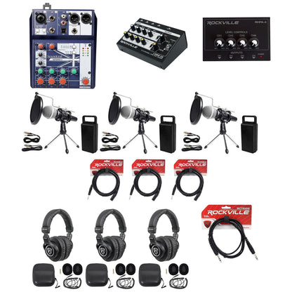 3-Person Podcast Recording Kit With Mics, Stands, Headphones