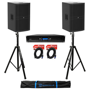 (2) Mackie DRM215-P 15" 1600 Watt DJ PA Speakers+Power Amplifier+Stands+Cables