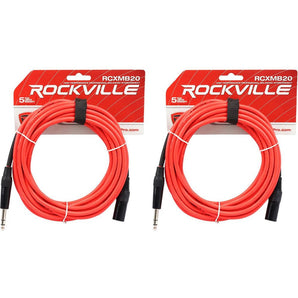 2 Rockville RCXMB20-R Red 20' Male REAN XLR to 1/4'' TRS Balanced Cables