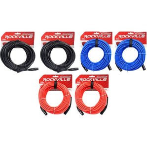 6 Rockville 50' Female to Male REAN XLR Mic Cable (3 Colors x 2 of Each)