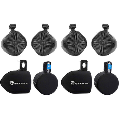 (4) RWB90B 8" Black Marine Wakeboard Tower Speakers + Neoprene Covers