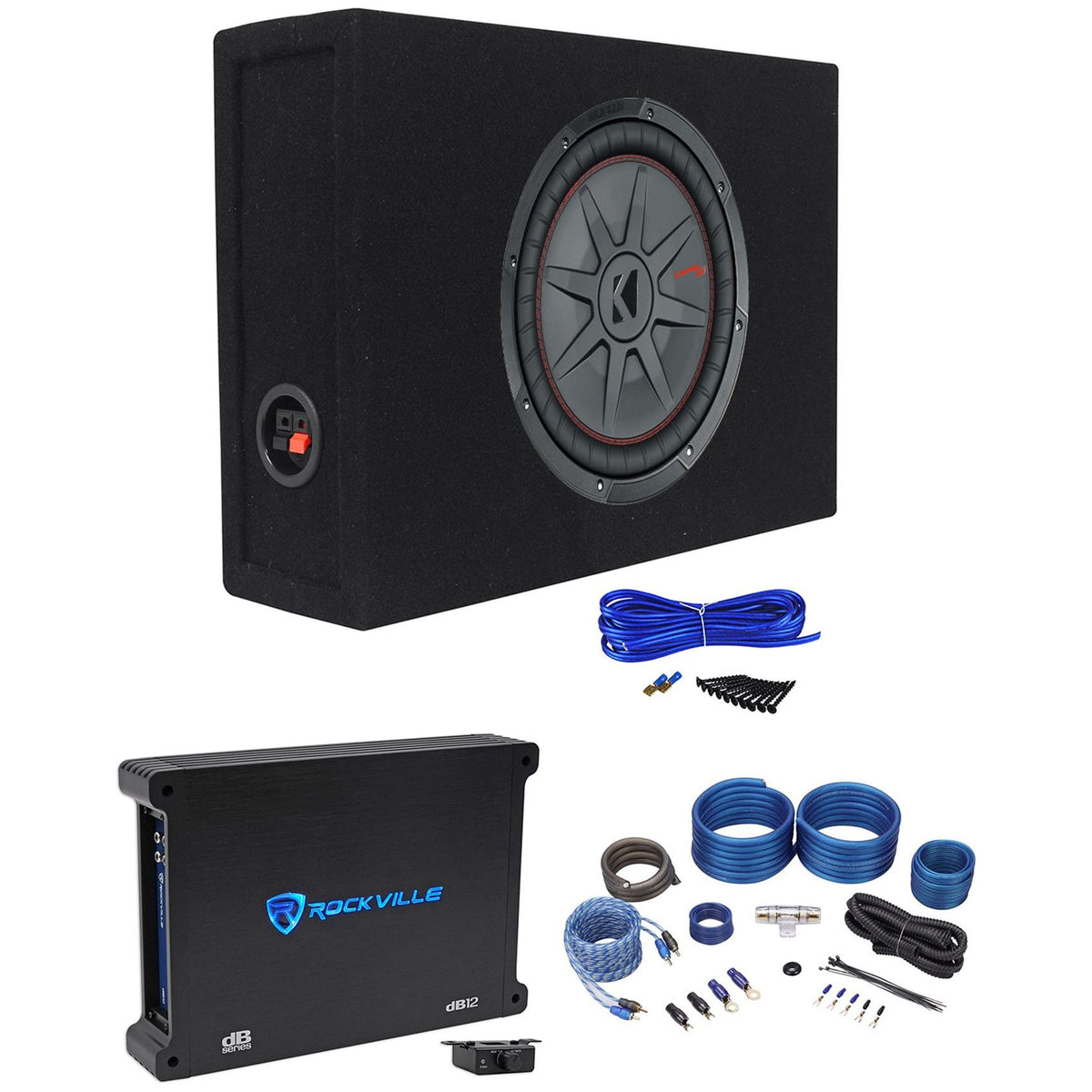 CompRT 1000W 12" Shallow Subwoofer + Sealed Enclosure + dB12 Amplifier + Amp Kit