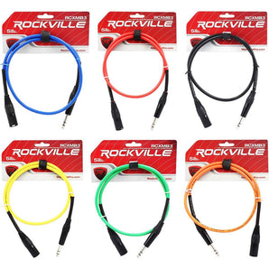 6 Rockville 3' Male REAN XLR to 1/4'' TRS Balanced Cable OFC (6 Colors)