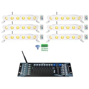 6) Rockville BEST STRIP 60 White Rechargeable Light Bars+Wireless DMX Controller