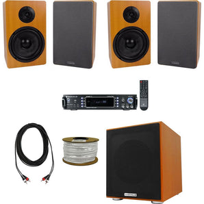 Rockville Bluetooth Home Receiver+(4) 6.5" Wood Bookshelf Speakers+8" Subwoofer + Rockville R14GSBR100 Red/Blk 14 Gauge 100' Ft. Mini Spool Car Audio Speaker Wire