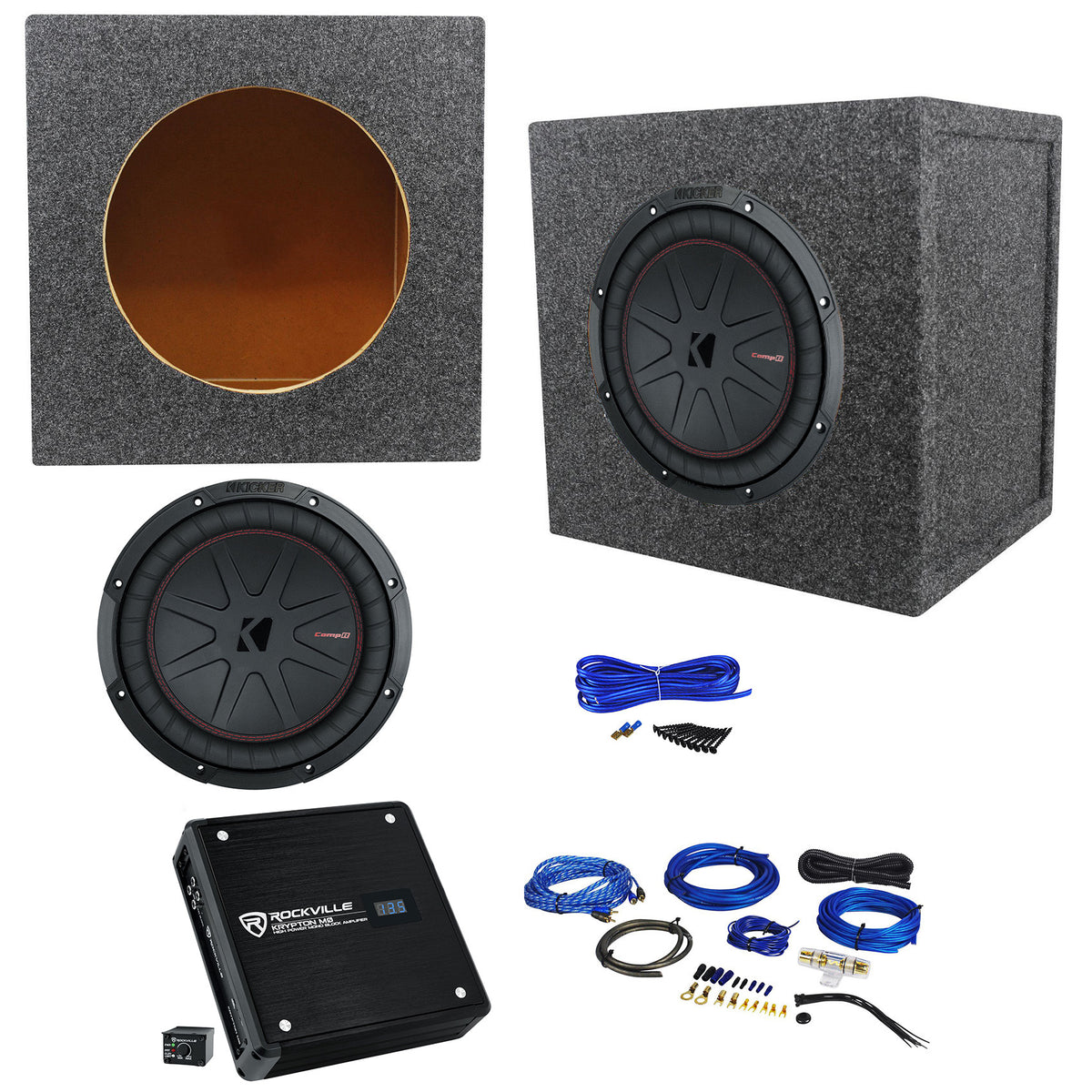 CompR 800W 10" Subwoofer + Sealed Enclosure + Krypton-M0 Amplifier + Amp Kit