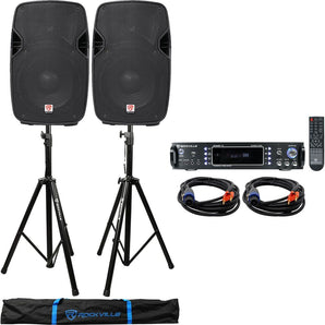 (2) Rockville SPGN104 10" 1600w DJ PA Speakers+Bluetooth Amplifier+Stands+Cables