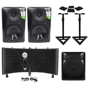 2) Mackie MR824 8” Powered Studio Monitors+10" Active Sub+Mic+Mount+Stands+Pads