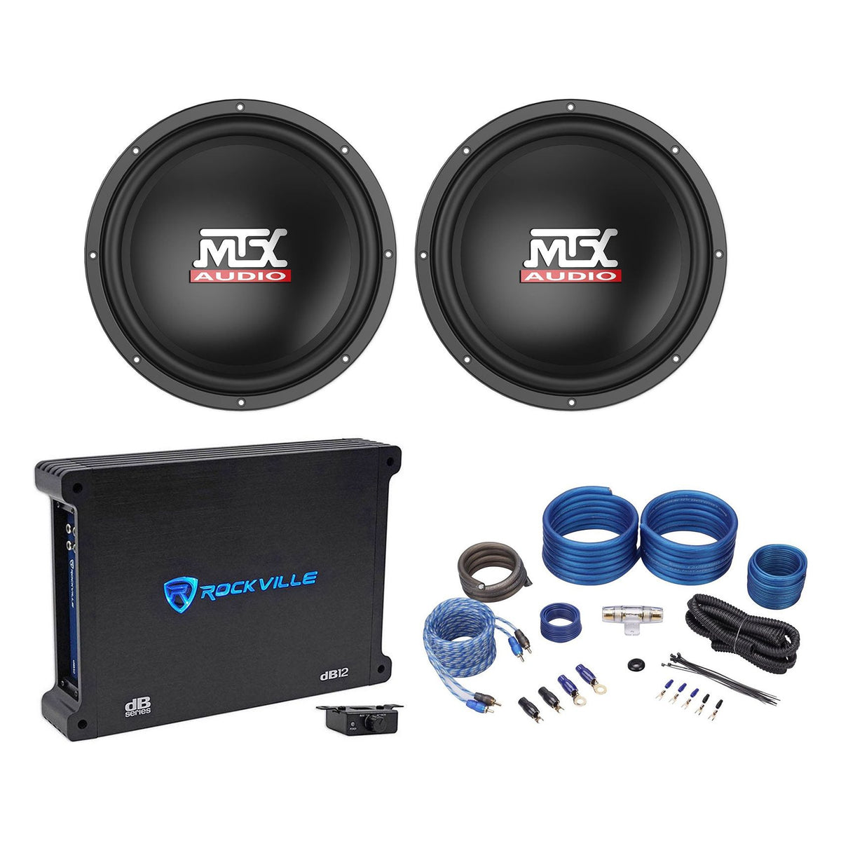 (2) MTX Terminator TN12-04 12" Subwoofers + Mono Amplifier + Amp Kit