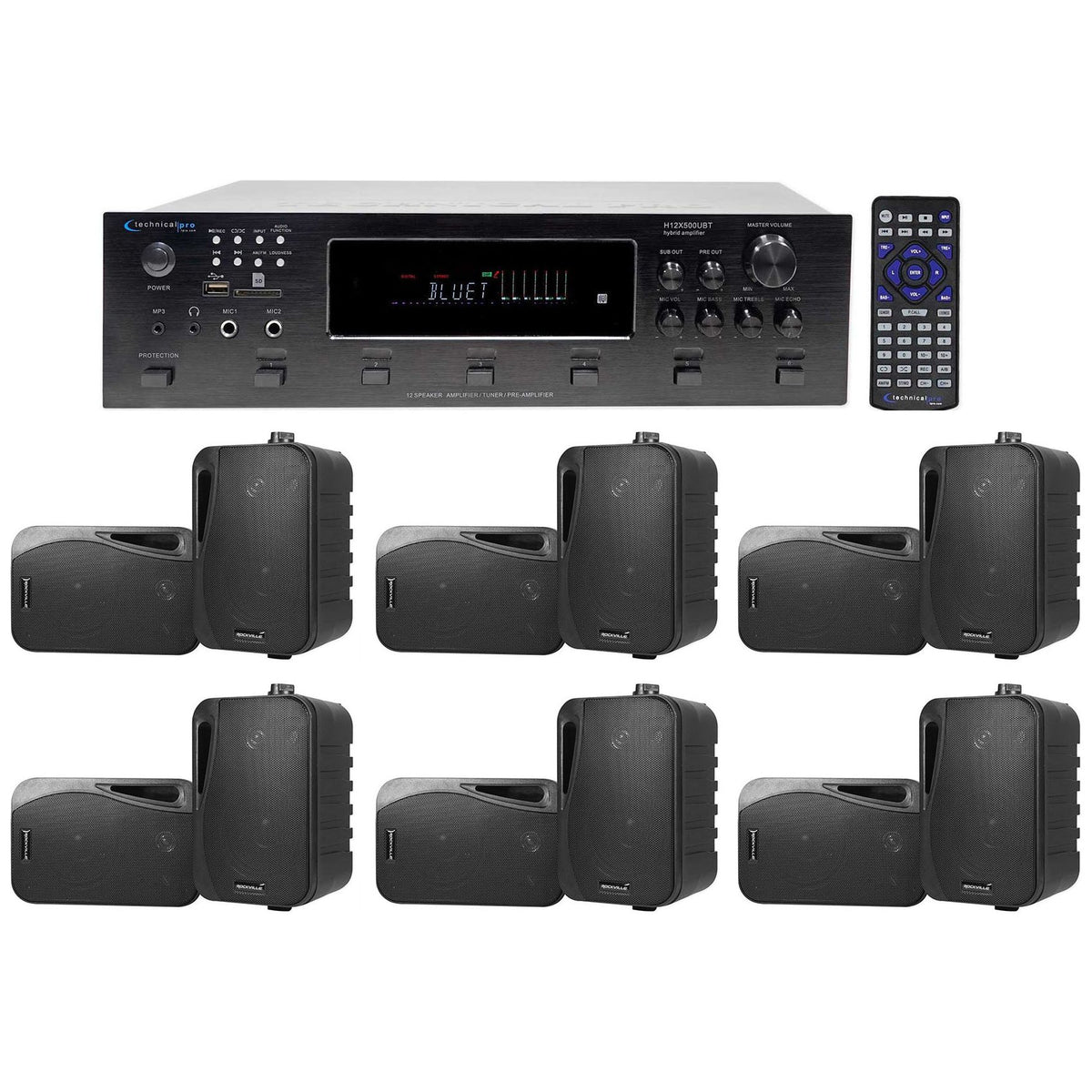 H12X500UBT 6-Zone Receiver + (12) Black 4 In Outdoor/Indoor Speakers For Restaurant/Bar