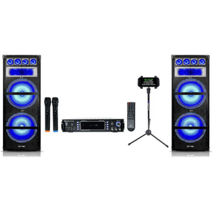 Technical Pro Dual 15" LED Karaoke Speakers+Bluetooth Amplifier+2) Wireless Mics