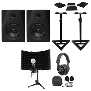 Pair Rockville DPM5B 5.25" 300 Watt Studio Monitors+Stands+Headphones+Mic+Shield