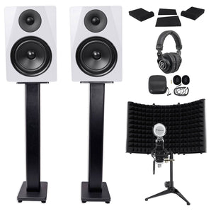 2) Rockville DPM6W 6.5" 420w Active Studio Monitors+Stands+Headphones+Mic and Shield