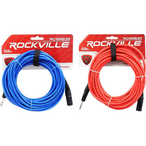 2 Rockville 30' Male REAN XLR to 1/4'' TRS Balanced Cable (Red and Blue)