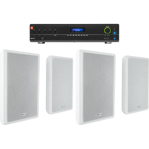 JBL Commercial Amplifier+(4) Slim White Wall Speakers for Restaurant/Bar/Cafe