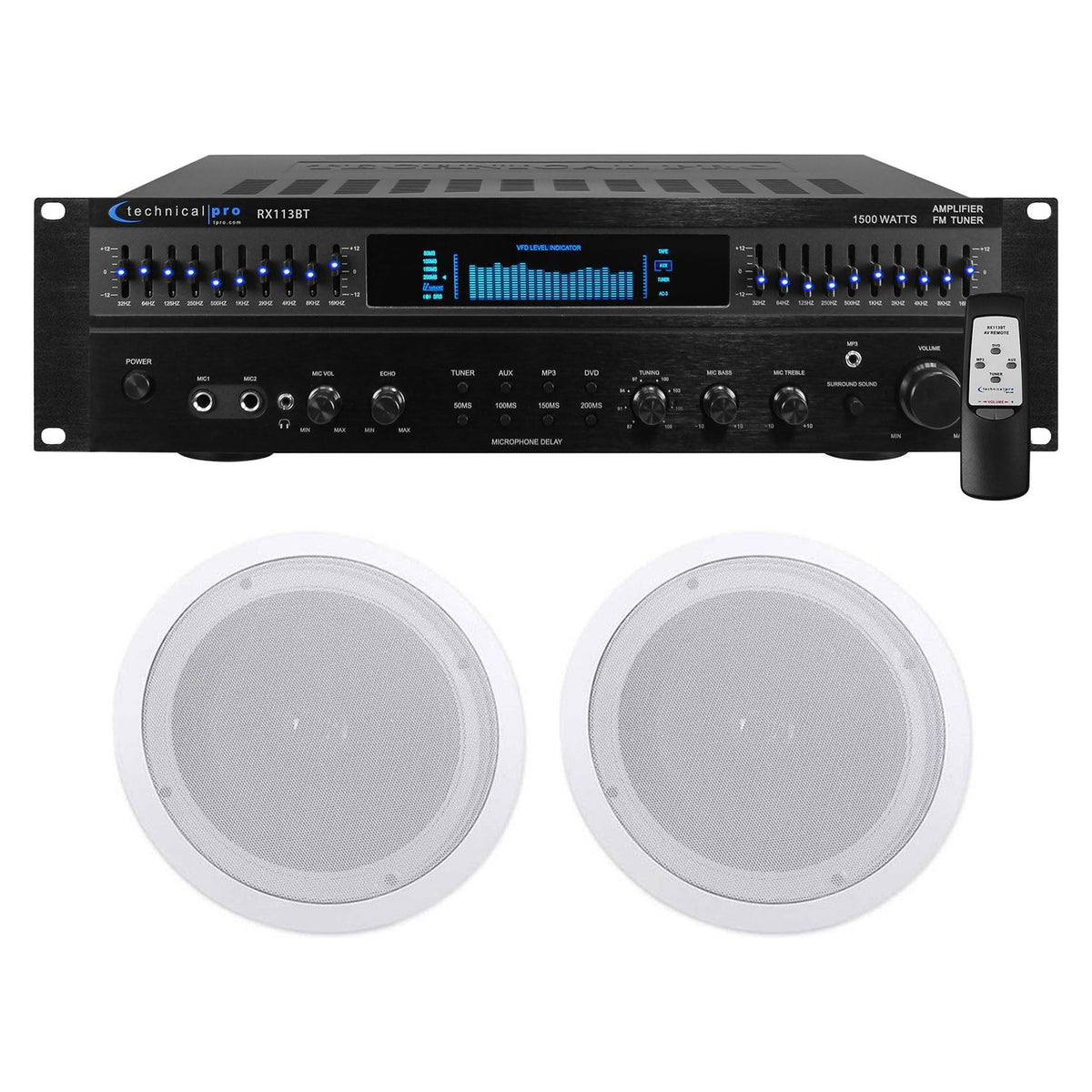 RX113 1500w Home Theater Amplifier Receiver + (2) 8" Ceiling Speakers