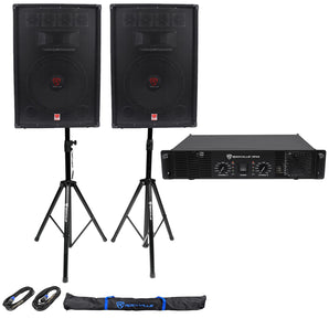 (2) Rockville RSG15.4 15" PA Speakers + Rockville RPA9 Amp + Stands+Cables+Case