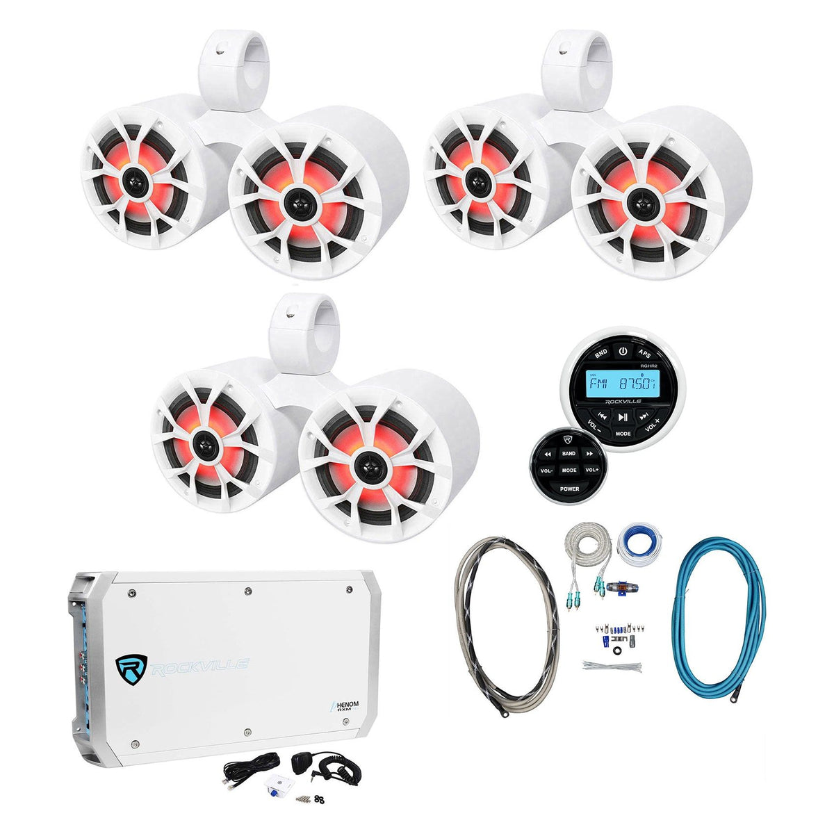 (3) Dual 6.5" Marine Wakeboard LED Speakers+Receiver+Amplifier+Wires
