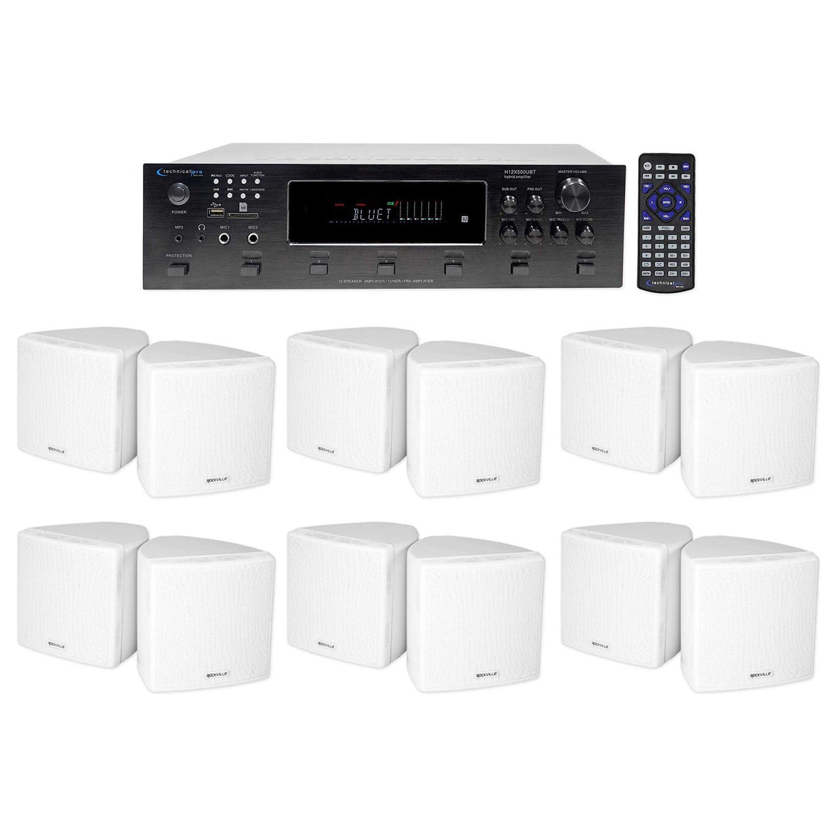 6-Zone Receiver + (12) White Cube Wall Speakers For Restaurant/Bar/Cafe