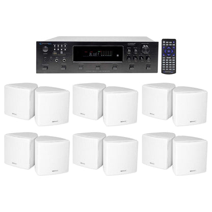 6-Zone Receiver + (12) White Cube Wall Speakers For Restaurant/Bar/Cafe