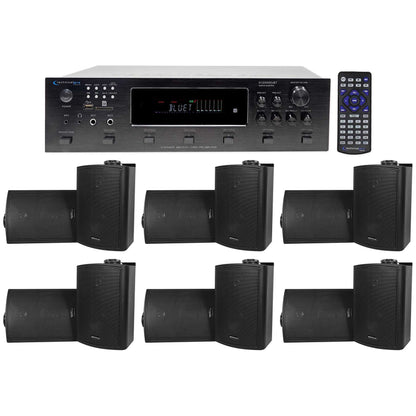 6-Zone Receiver + (12) Black 5.25 In Outdoor/Indoor Speakers For Restaurant/Bar
