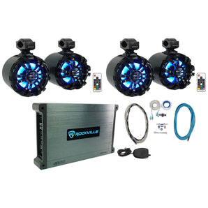 (4) Rockville WB65KLED Black 6.5" LED Marine Wakeboard Swivel Tower Speakers+Amp