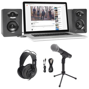 Samson Q2U USB/XLR Podcast Microphone+Studio Headphones+Pair Monitor Speakers