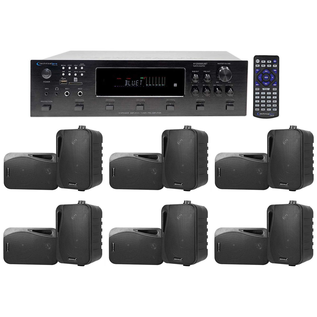 H12X500UBT 6-Zone Receiver + (12) Black 4 In Outdoor/Indoor Speakers