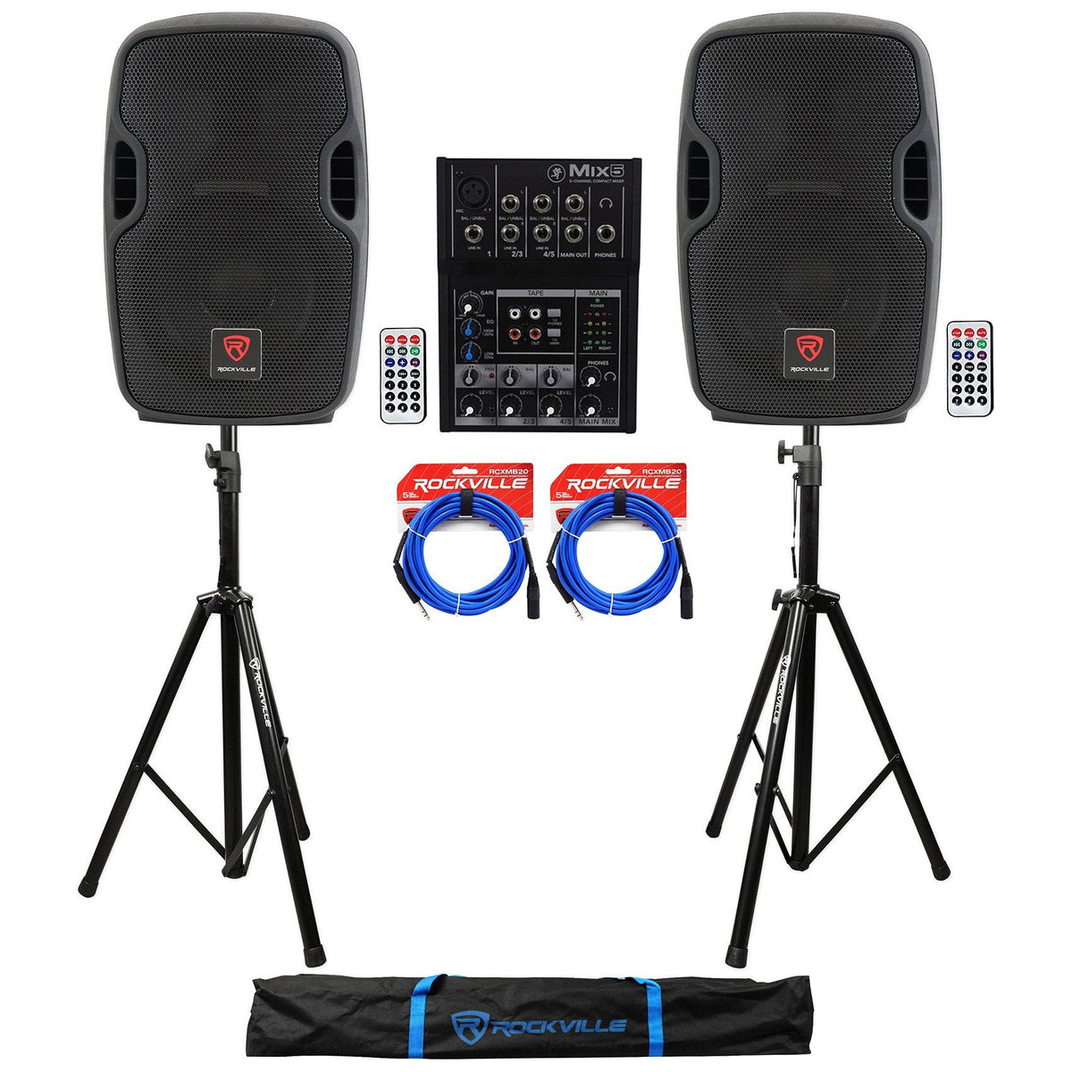(2) BPA8 300 Watt 8" Powered Speakers+Mackie Mixer+Stands+Cables+Bag
