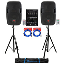 (2) BPA8 300 Watt 8" Powered Speakers+Mackie Mixer+Stands+Cables+Bag