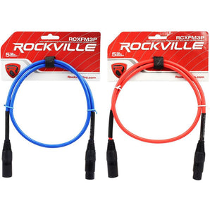 2 Rockville 3' Female to Male REAN XLR Mic Cable 100% Copper (Red and Blue)