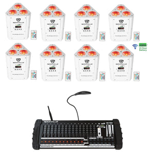 (8) Rockville RockWedge White LED Battery Lights+384 Ch. Wireless DMX Controller