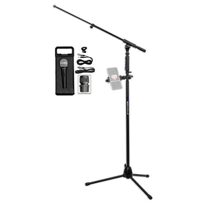 Rockville Tripod Microphone Stand w/Hand Clutch+Mic+360° Swivel Smartphone Mount