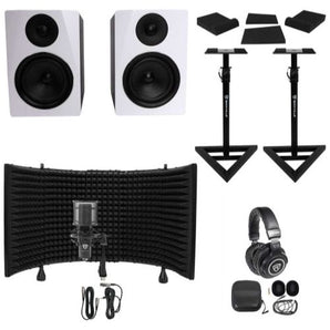 2) Rockville APM6W 6.5" Active Studio Monitors+Stands+Mic+Headphones+Iso Shield