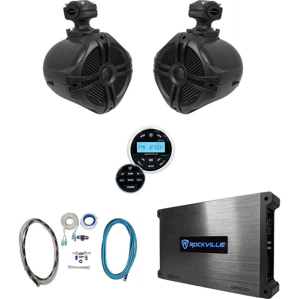 Bluetooth Receiver+6.5" Black Marine Wakeboard Tower Speakers+Amp+Kit