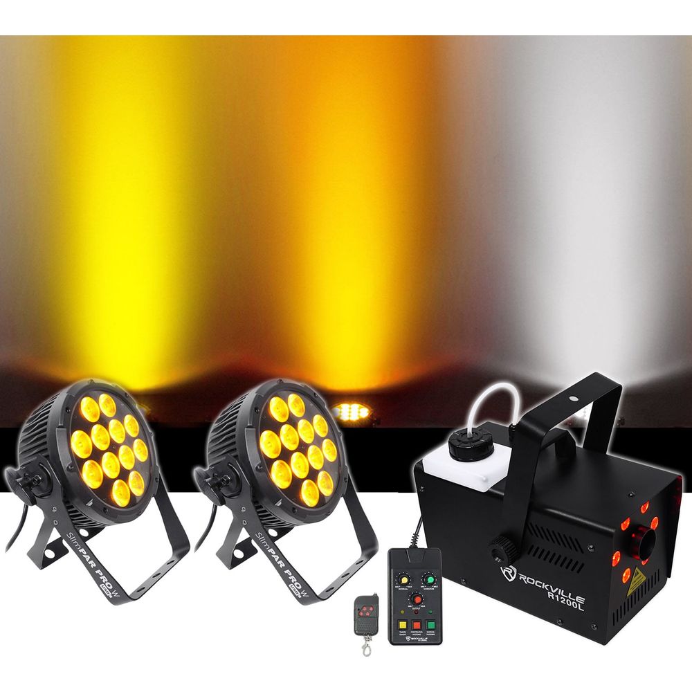 (2) SlimPar Pro W USB Wash Lights + R1200L Fog Machine Bundle