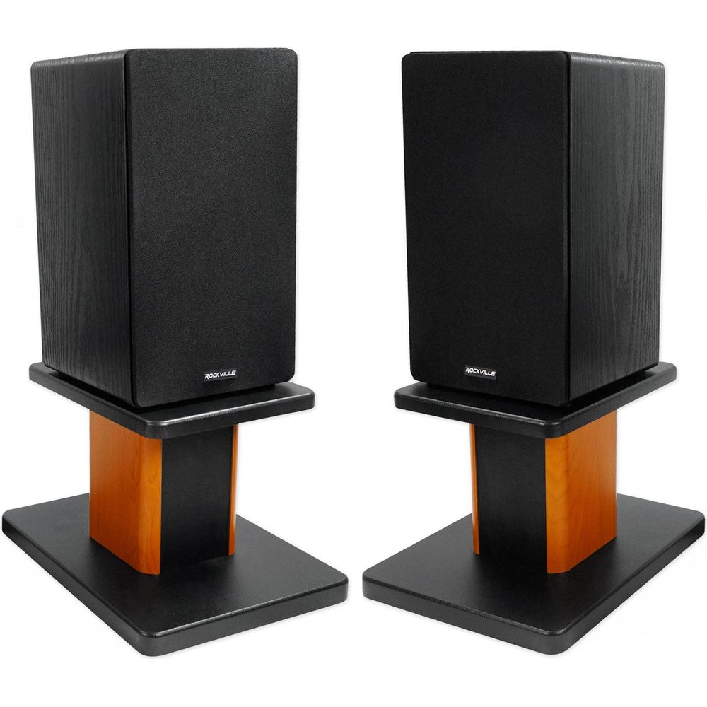 RockShelf 68B Black 6.5" Home Bookshelf Speakers+8" Wood Stands