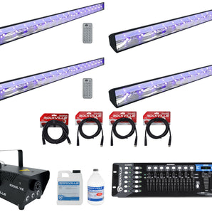 4 American DJ ECO BAR UV DMX Bar Black Lights w/Remote+DMX Control+Fogger+Cables