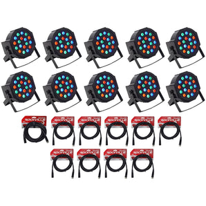 (10) Rockville RockPAR50 LED RGB Compact Par Can DJ/Club DMX Wash Lights+Cables