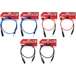 6 Rockville 3' Male REAN XLR to 1/4'' TRS Cable (3 Colors x 2 of Each)